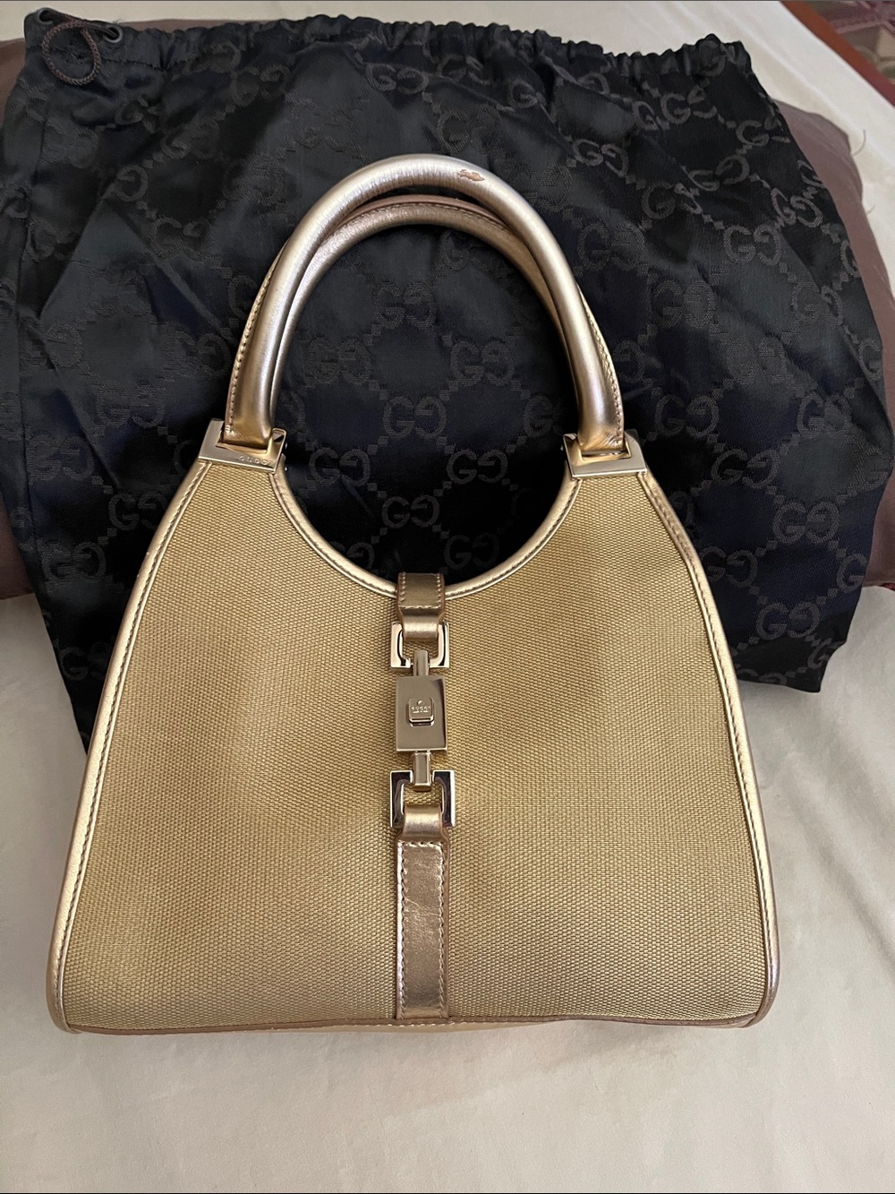 Gucci Gold Canvas Shoulder Bag with Metallic Accents
